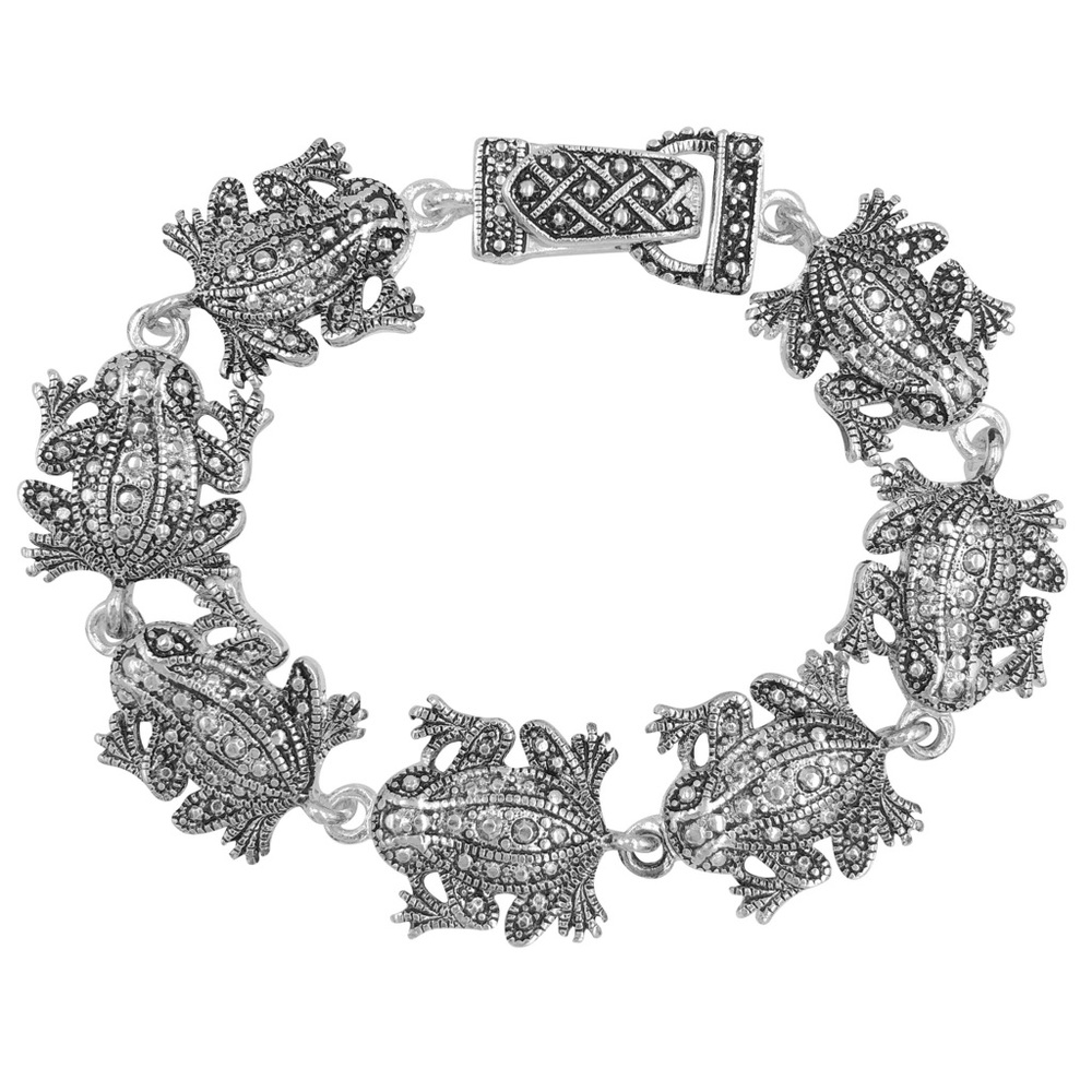 Frog Theme Silver Tone Marcasite Look Magnetic Clasp Bracelet